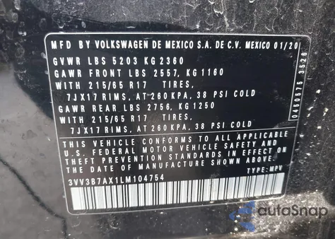 2020 Volkswagen Tiguan 2.0T Se/2.0T Se R-Line Black/2.0T Sel из США, поврежденный, VIN 3VV3B7AX1LM104754